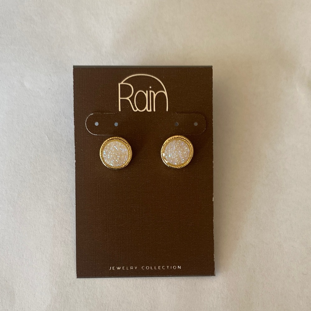 Rain Gold Druzy Stud pierced Earrings - White Sparkle 💖 new on card